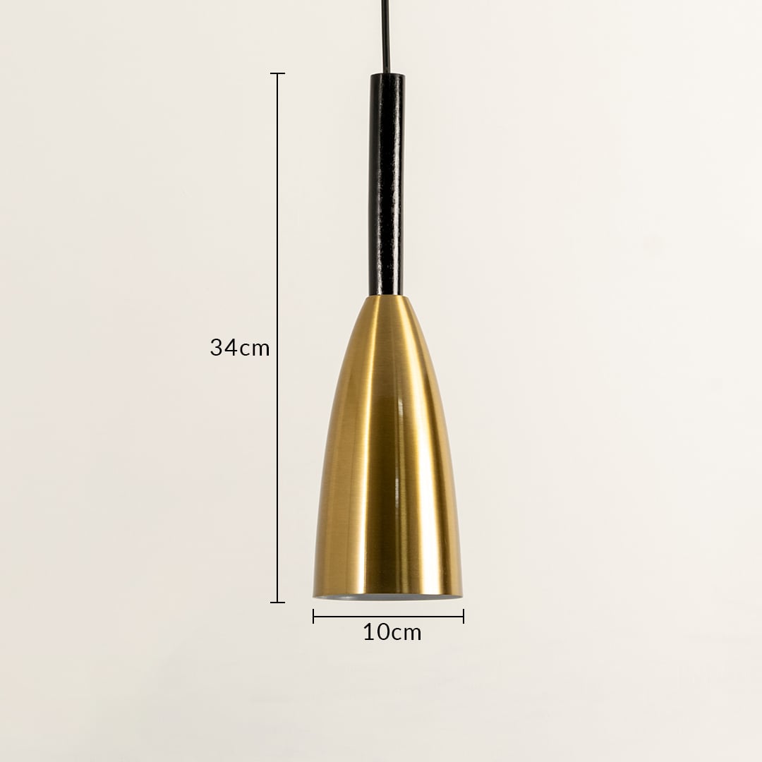 Gold metal tapered pendant light dimension image with 10 cm width and 34 cm height for luxury bedside placement.