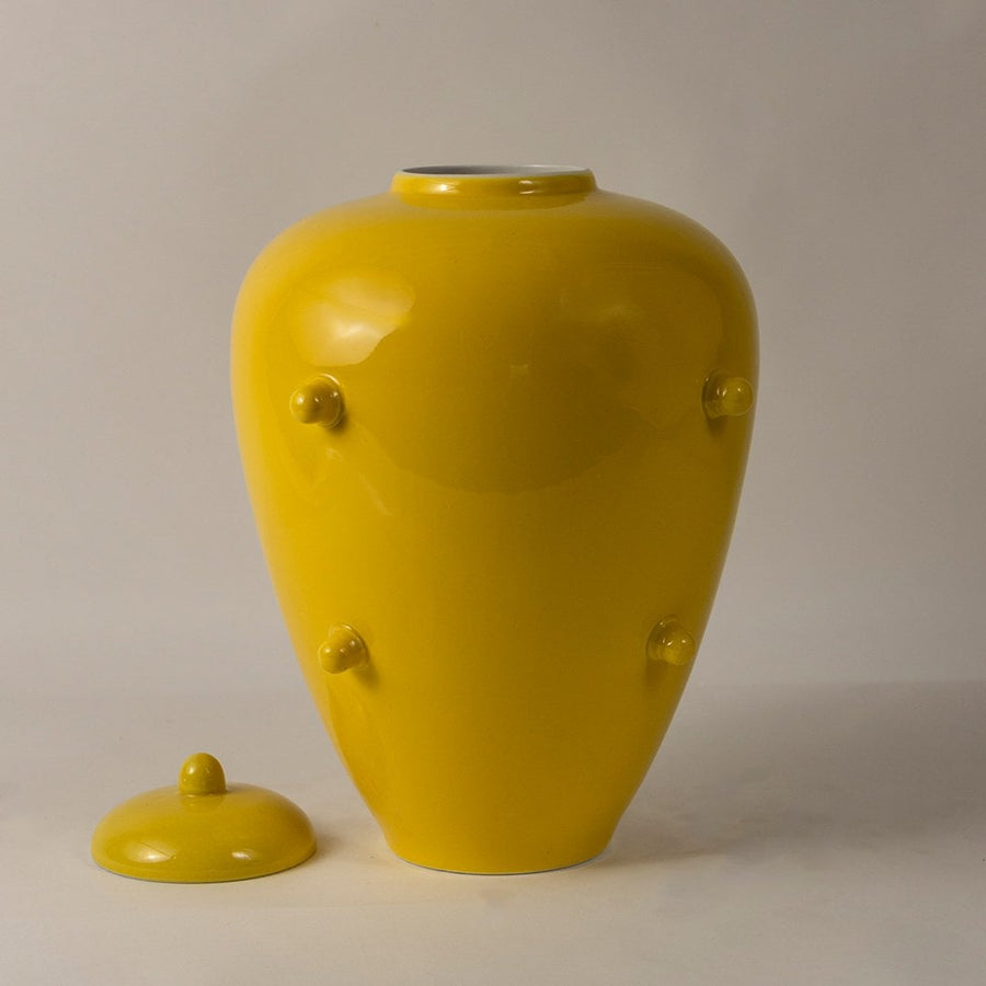 Modern yellow ceramic jar with lid stylish decorative vase for living room shelf table centerpiece white background image.