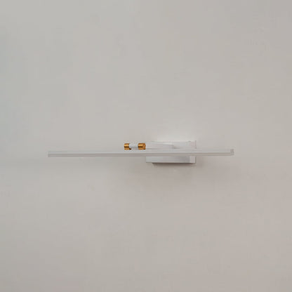 White and gold metal picture light on a white background with the light off highlighting its minimal modern design.