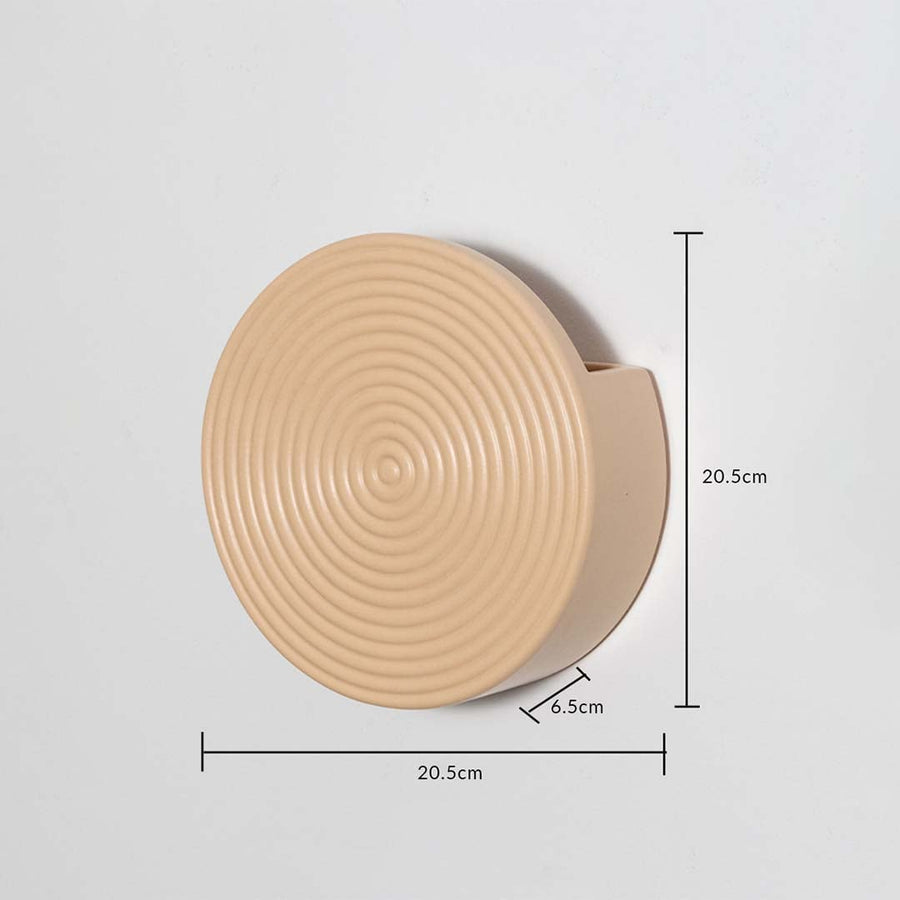 Beige round wall planter with dimensions 20.5cm height 20.5cm width and 6.5cm depth shown clearly for accurate sizing.
