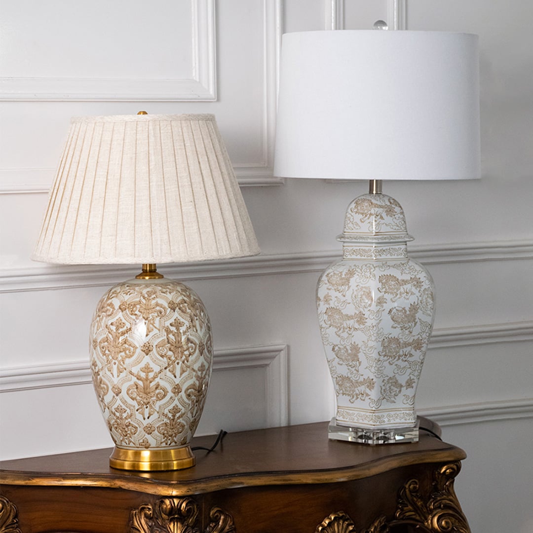 Elegant ceramic lamps with golden base and pleated shades glowing in multiple lifestyle home views.
