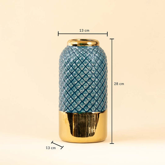 A blue textured vase with gold base displayed on a white background showing clear dimensions of height 28 cm top width 13 cm and bottom width 13 cm.