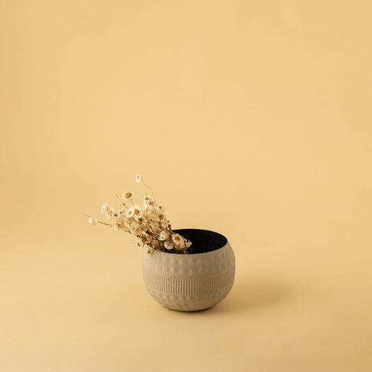 Small cream round textured pot with matte black interior styled in a warm modern home setting adding natural minimal decor charm.