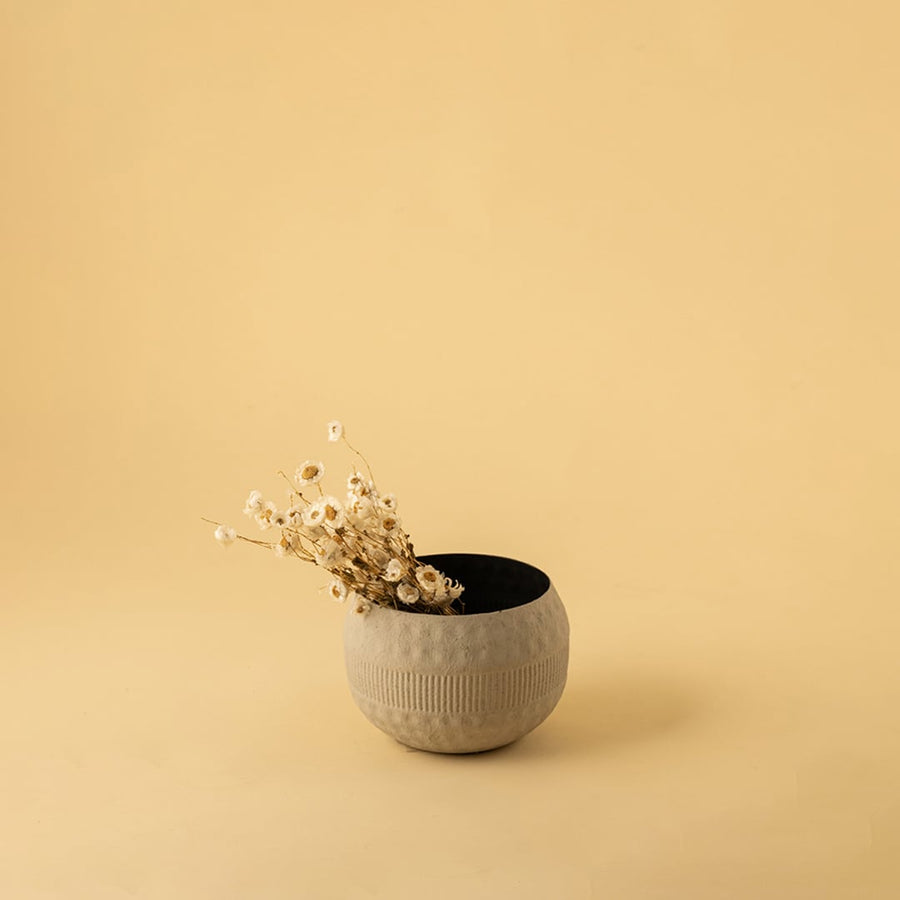 Small cream round textured pot with matte black interior styled in a warm modern home setting adding natural minimal decor charm.