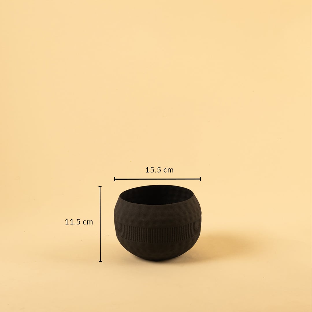 Black metal textured bowl decor with width 15.5 cm and height 11.5 cm shown for accurate sizing.