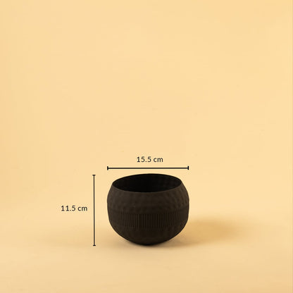 Black metal textured bowl decor with width 15.5 cm and height 11.5 cm shown for accurate sizing.
