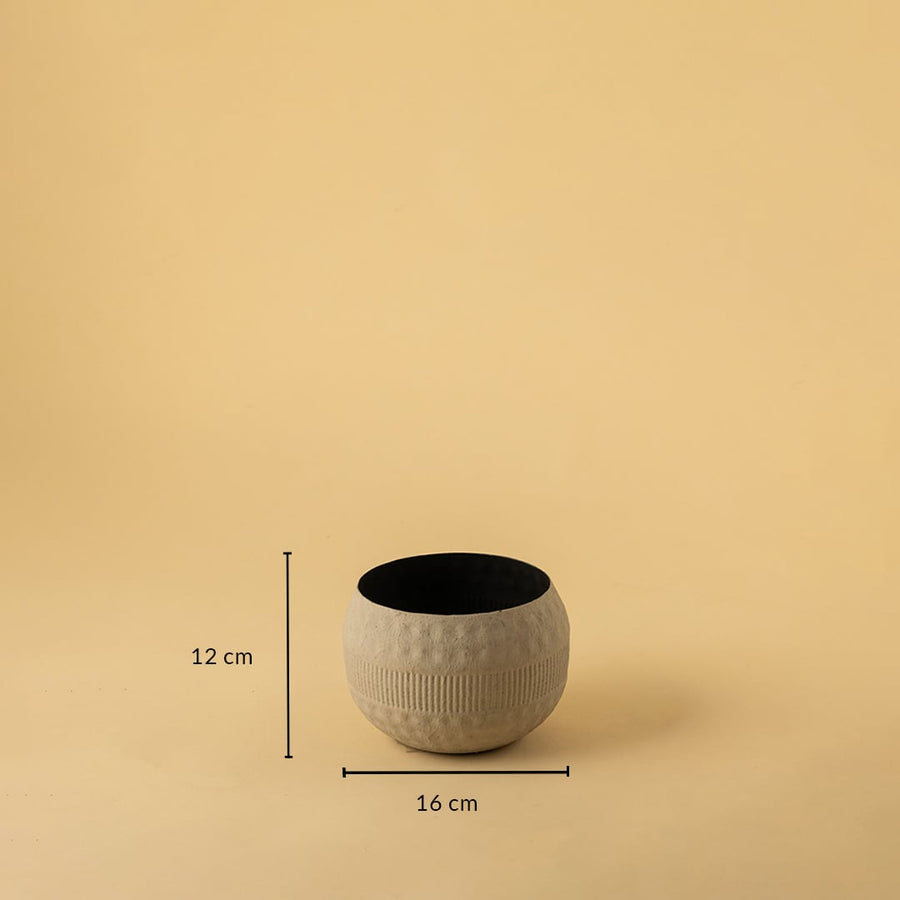 Small cream round textured pot with black interior shown with 16 cm width and 12 cm height for modern decorative home styling.