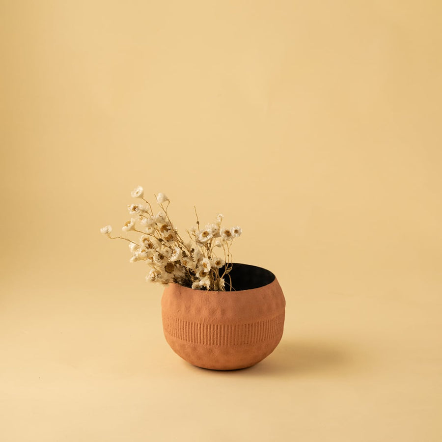 Terracotta textured planter bowl with black interior styled in a warm minimal home setting adding earthy modern decor charm.