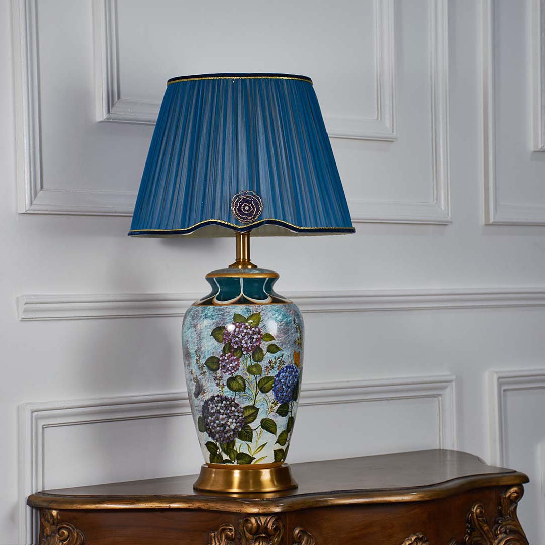 Zest Floral Pattern Multicolor Ceramic Table Lamp with Blue Shade