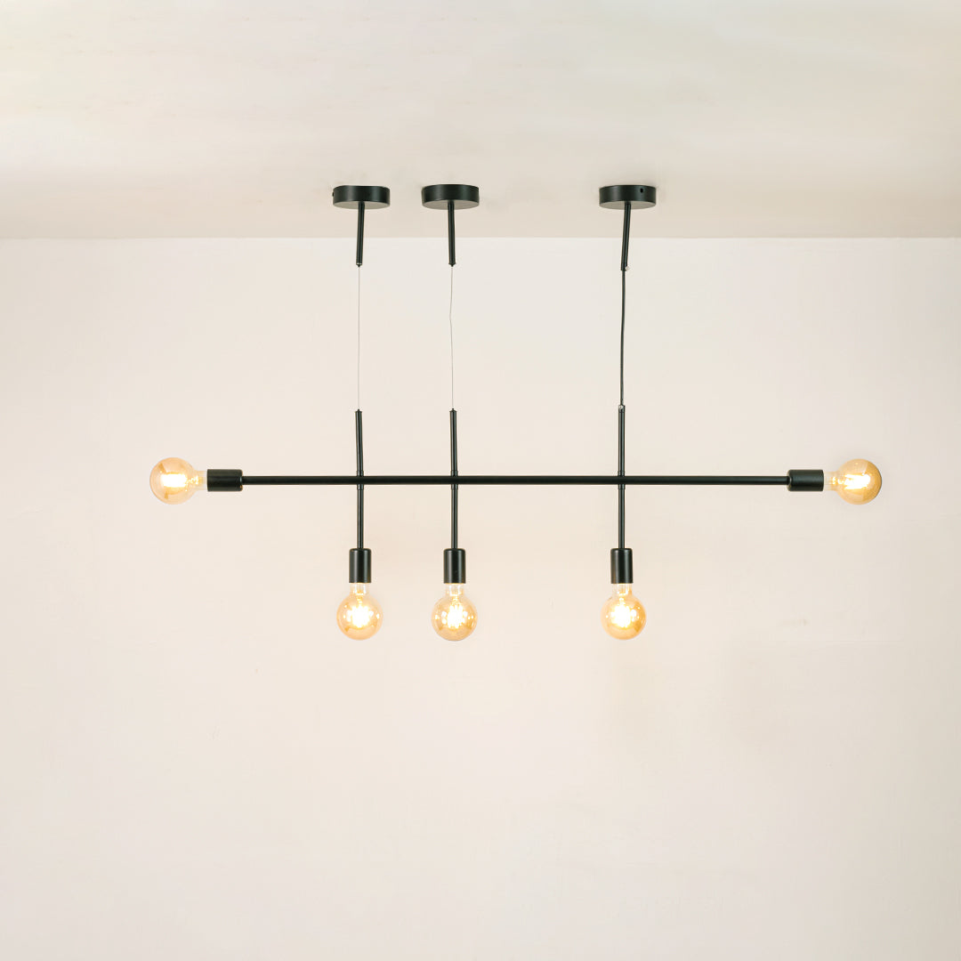 Black metal chandelier with illuminated globe shades and pendant spotlights offering stylish contemporary ceiling lighting.