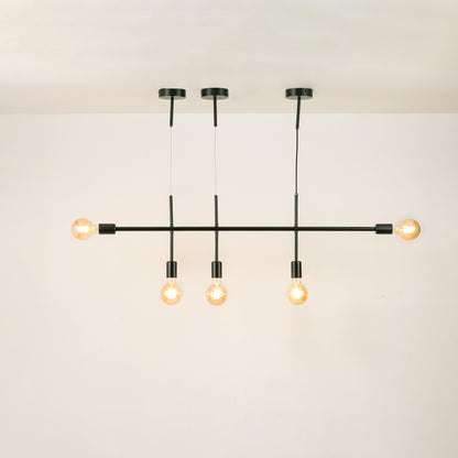 Black metal chandelier with illuminated globe shades and pendant spotlights offering stylish contemporary ceiling lighting.