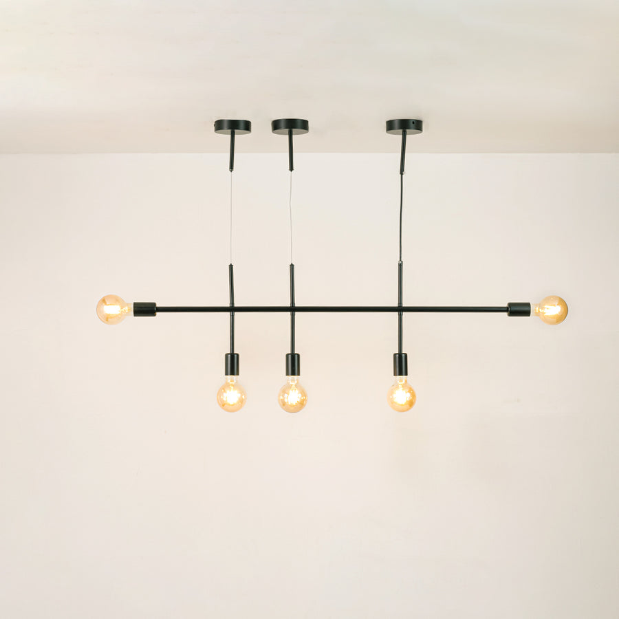 Black metal chandelier with illuminated globe shades and pendant spotlights offering stylish contemporary ceiling lighting.