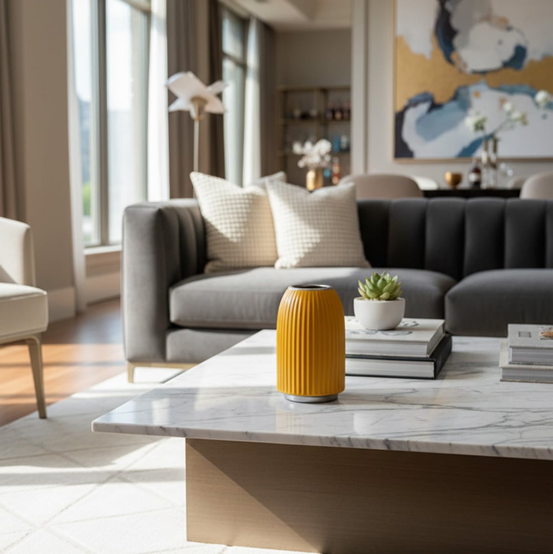 Yellow ribbed ceramic vase styled on a coffee table adding warmth to modern living room decor and interiors.