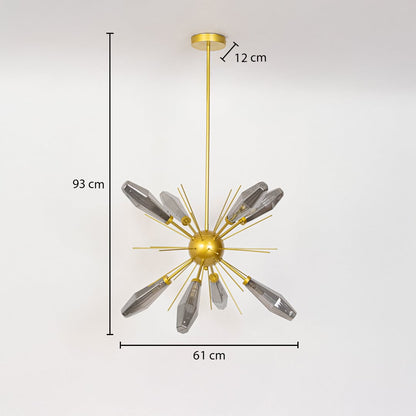 Gold chandelier measuring 93 cm in height and 61 cm in width with modern crystal design perfect for dining or living rooms.
