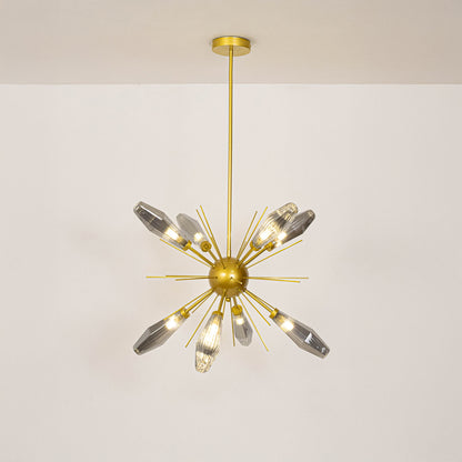 Gold metal chandelier with crystal tube shades and starburst design crafted for luxurious modern ceiling lighting.