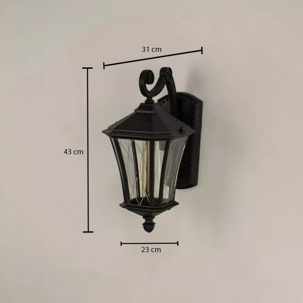 Black metal outdoor lantern with patterned glass shown with 43 cm height 31 cm width and 23 cm depth providing accurate sizing for outdoor installation.