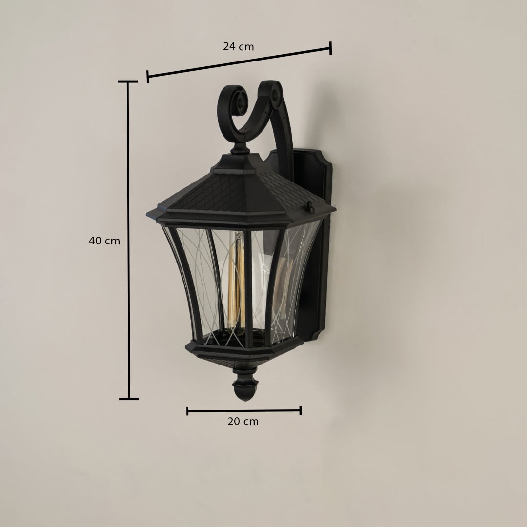 A black outdoor lantern shown on a white background with dimensions clearly marked including total height 40 cm lantern width 20 cm and wall extension 24 cm for accurate fitting.
