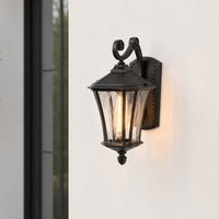Vintage black metal outdoor wall lantern for porch entrance balcony and exterior walls with warm ambient lighting.
