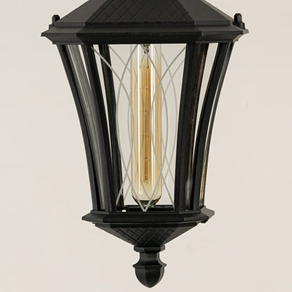 Closeup of black metal outdoor lantern with clear glass panels and bulb on white background ideal for premium exterior decor lighting.