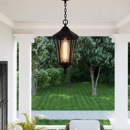 Black chain hanging teardrop glass lantern pendant light from white porch ceiling for classic patio entryway outdoor decor.