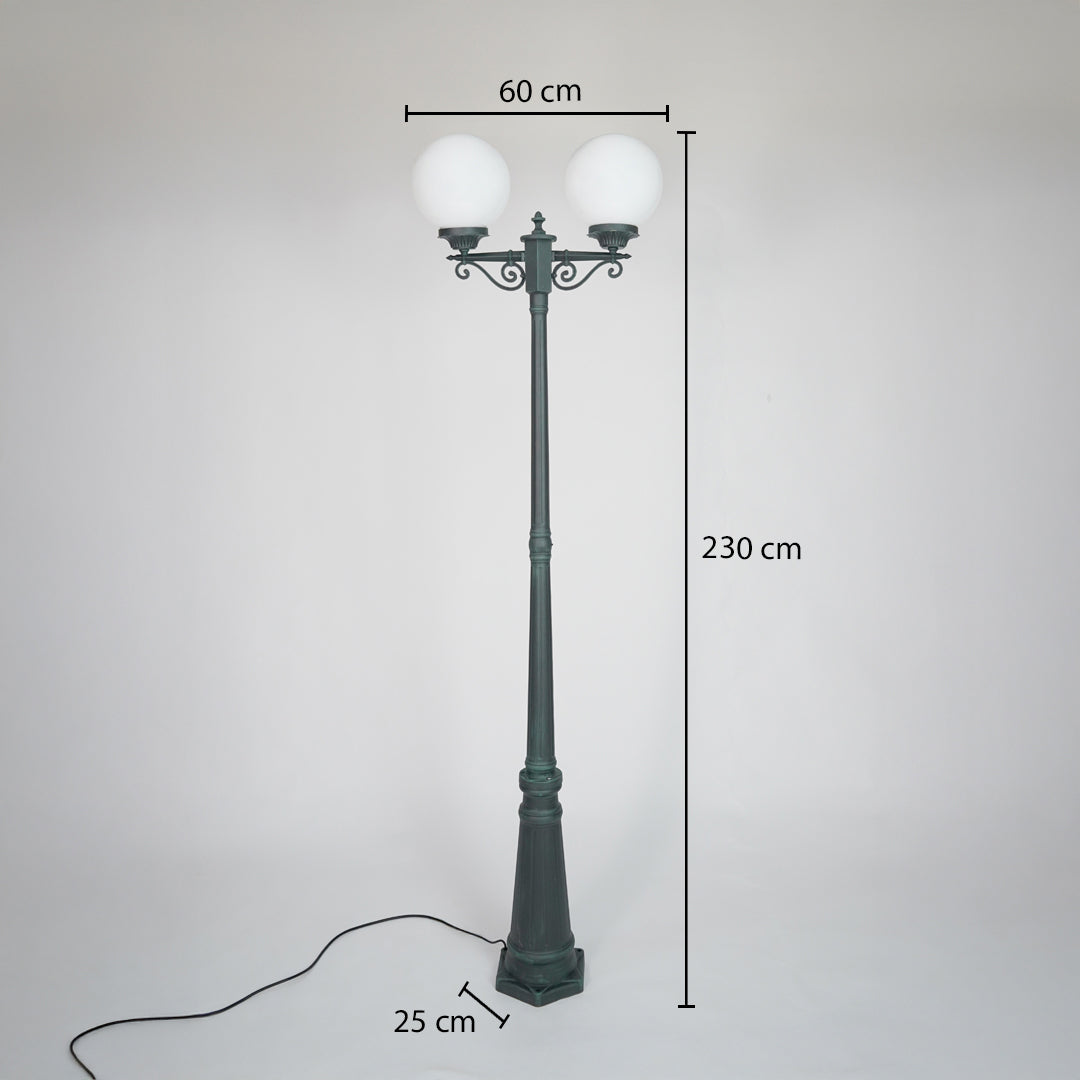 Vintage outdoor street lamp dimension image with 230 cm height and 60 cm width for garden decor use.