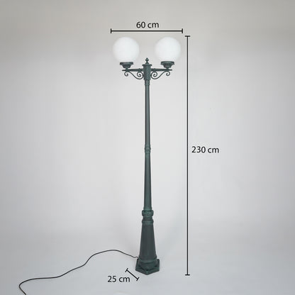 Vintage outdoor street lamp dimension image with 230 cm height and 60 cm width for garden decor use.