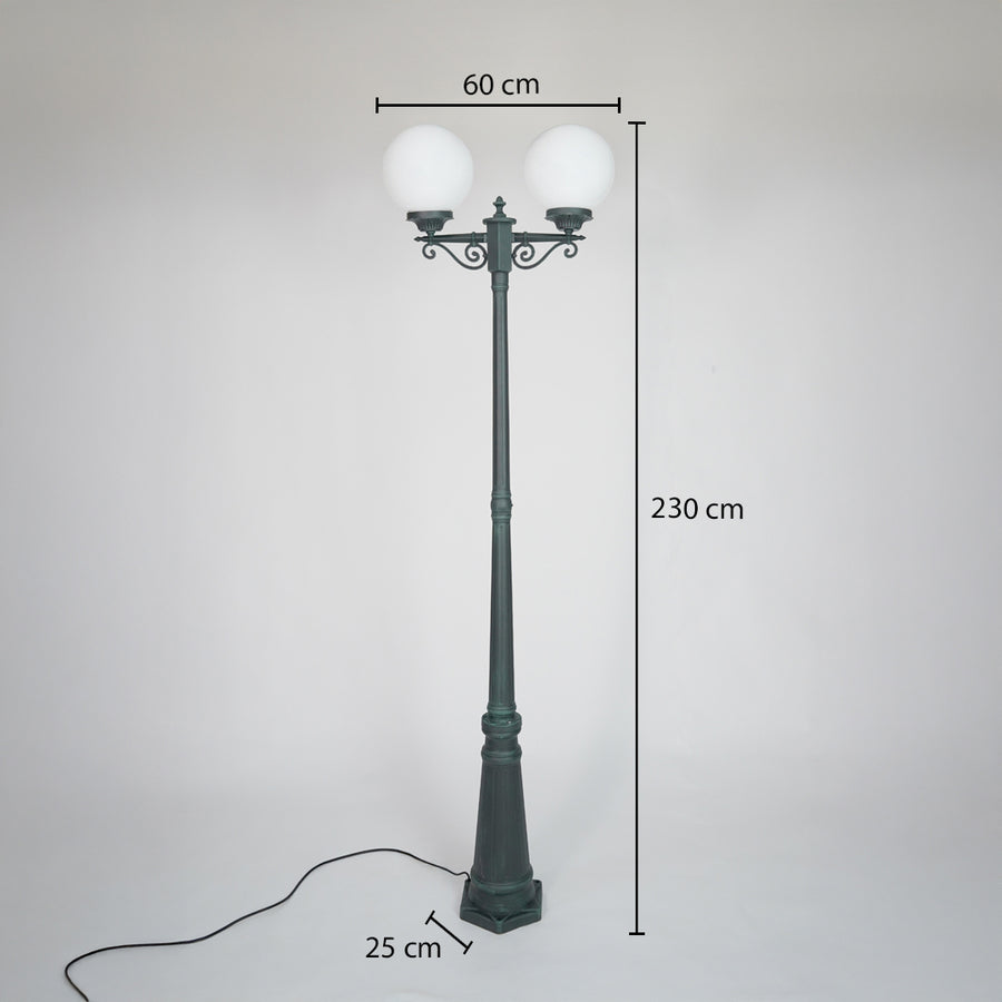 Vintage outdoor street lamp dimension image with 230 cm height and 60 cm width for garden decor use.
