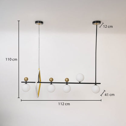 Linear pendant light measuring 112 cm length 110 cm height and 41 cm drop designed for dining rooms kitchen islands.