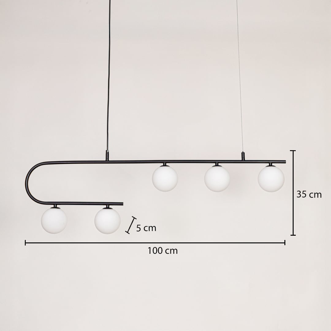 Black metal linear pendant light with white glass globes measuring 100 cm length and 35 cm height designed for ceiling hanging.