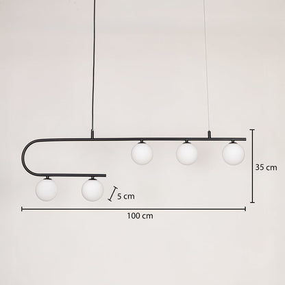 Black metal linear pendant light with white glass globes measuring 100 cm length and 35 cm height designed for ceiling hanging.