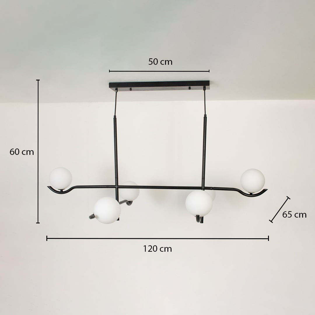 Black metal chandelier with white globes shown with 120 cm width 60 cm height and 65 cm depth for modern ceiling lighting.