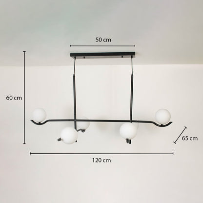 Black metal chandelier with white globes shown with 120 cm width 60 cm height and 65 cm depth for modern ceiling lighting.