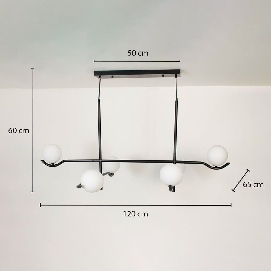 Black metal chandelier with white globes shown with 120 cm width 60 cm height and 65 cm depth for modern ceiling lighting.