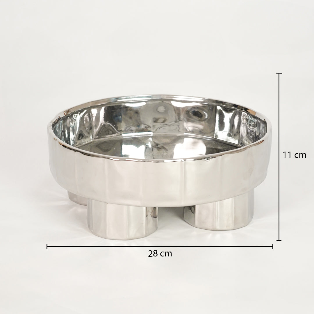 Dimension image of silver metal decorative bowl for modern dining table decor with polished reflective finish.