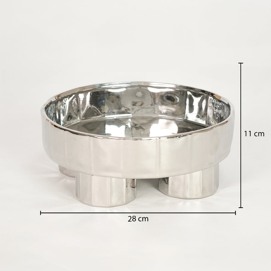 Dimension image of silver metal decorative bowl for modern dining table decor with polished reflective finish.