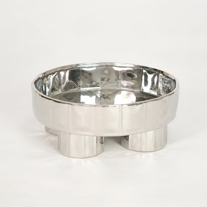 White background image of silver metal decorative bowl for elegant tabletop decor styling with polished finish display.