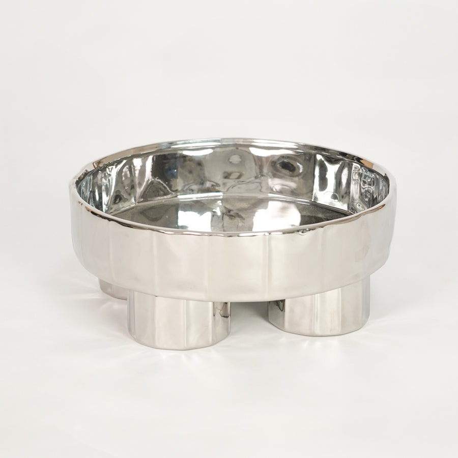 White background image of silver metal decorative bowl for elegant tabletop decor styling with polished finish display.