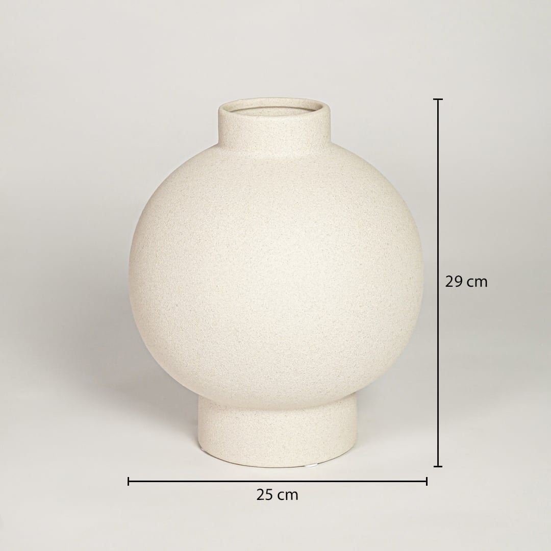 White ceramic round globe vase measuring 29 cm height and 25 cm width perfect for modern tabletop decor styling.