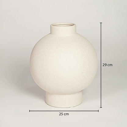 White ceramic round globe vase measuring 29 cm height and 25 cm width perfect for modern tabletop decor styling.