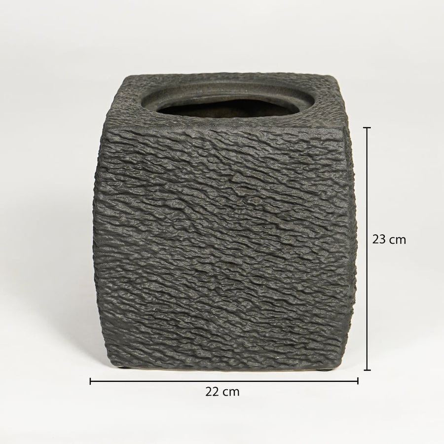 Dark grey textured ceramic planter dimension image showing 23 cm height and 22 cm width decorative ceramic accent for floor styling.