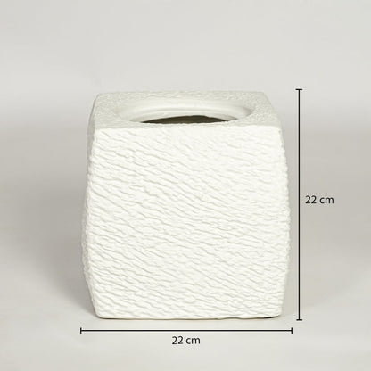 White textured ceramic planter dimension image showing 22 cm height and 22 cm width decorative ceramic accent for floor styling.