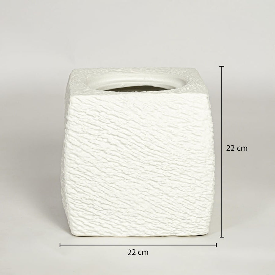 White textured ceramic planter dimension image showing 22 cm height and 22 cm width decorative ceramic accent for floor styling.