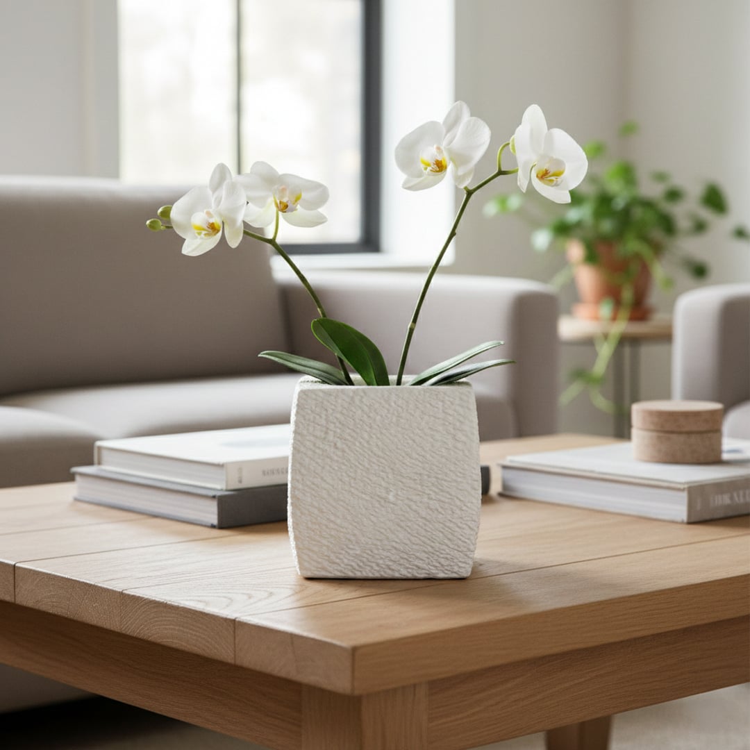 White textured ceramic planter styled on living room floor modern decorative ceramic accent for console corner styling home.