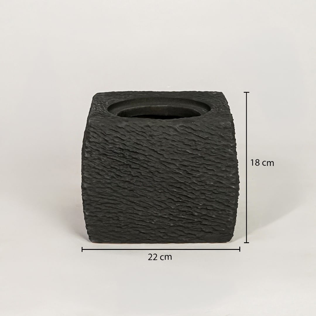 Black ceramic planter measuring 18 cm height and 22 cm width for modern tabletop decor styling placement.