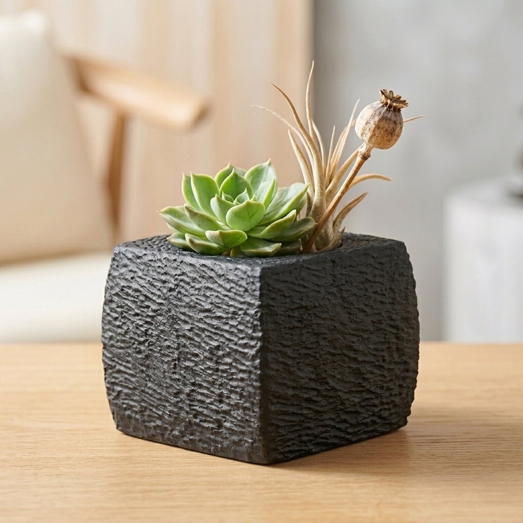 Black ceramic planter with textured finish styled with succulent plant for modern home decor placement ideas.