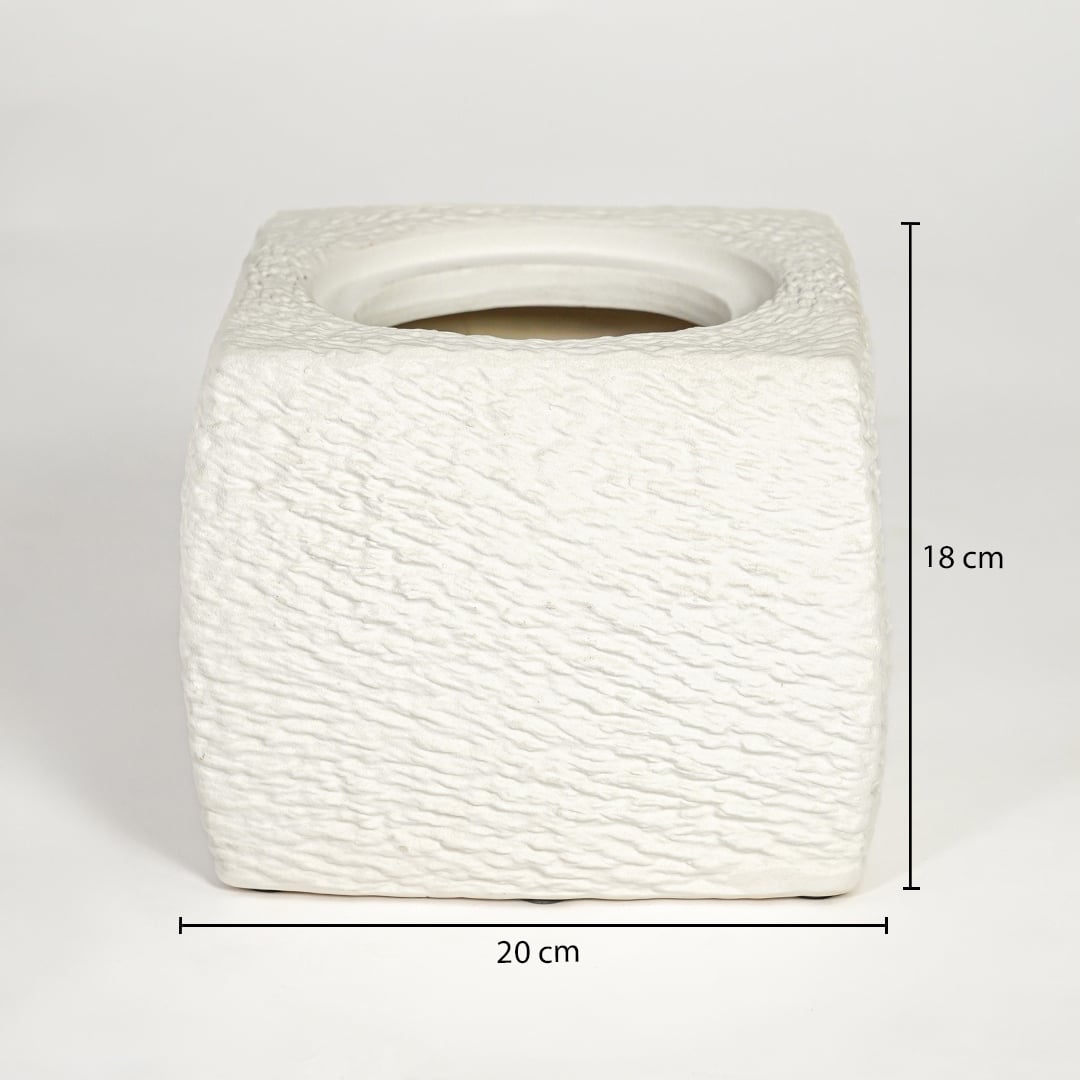 White polyresin Aroma small vase measuring 18 cm height and 20 cm width perfect for shelf or console decor styling.