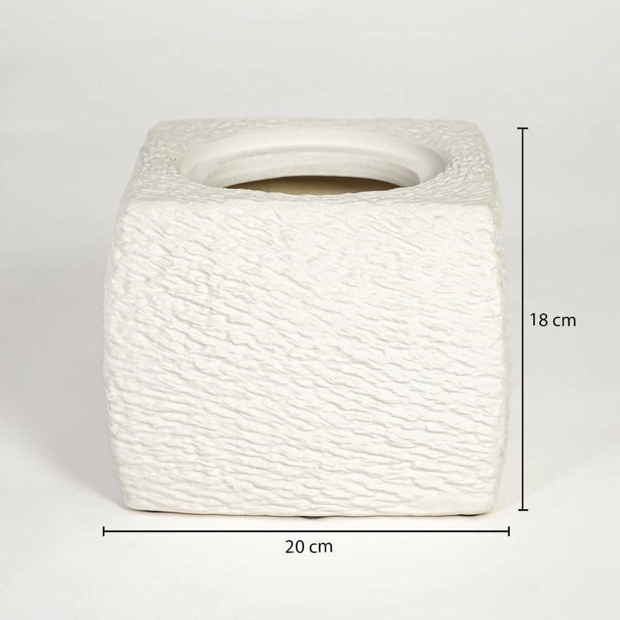 White polyresin Aroma small vase measuring 18 cm height and 20 cm width perfect for shelf or console decor styling.