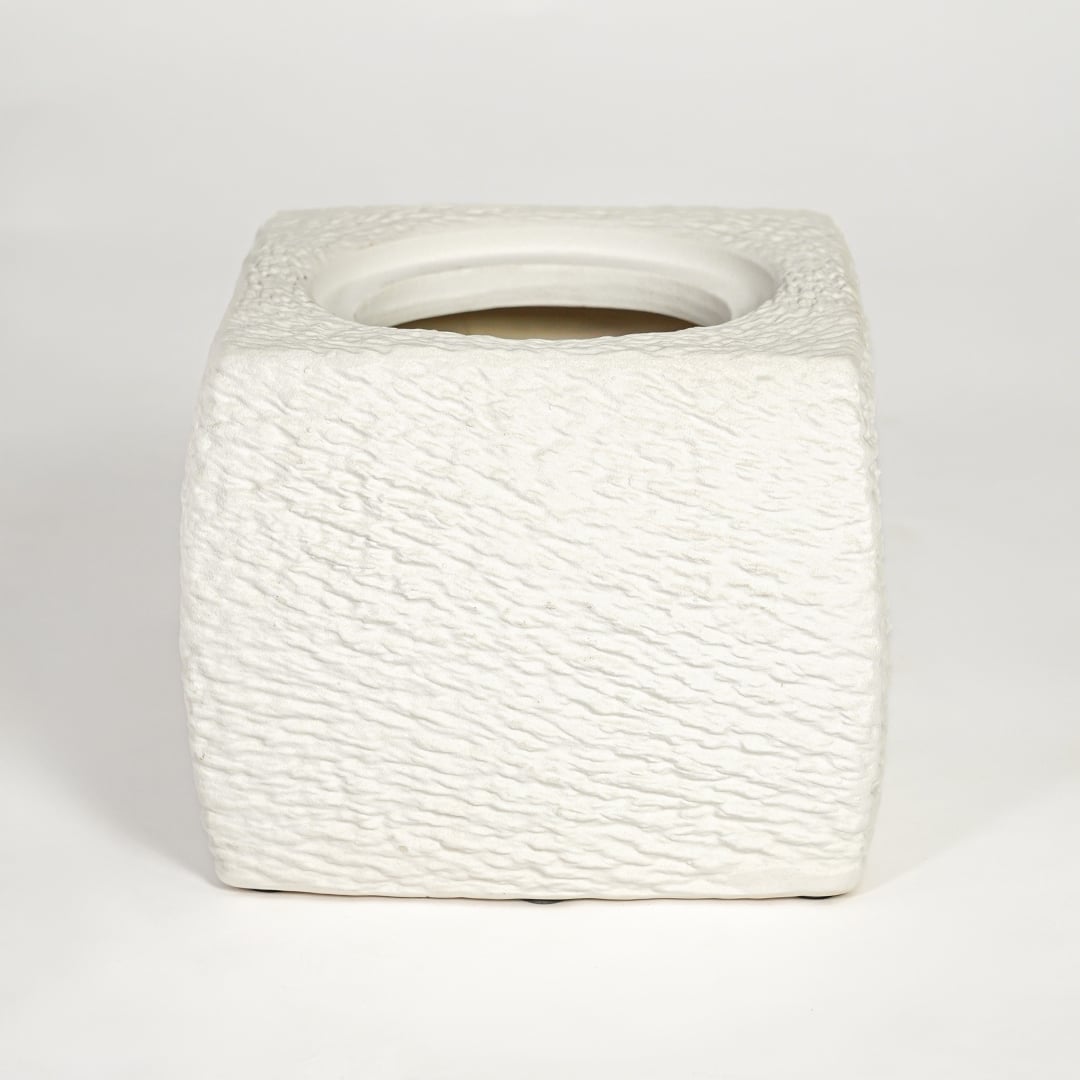 White polyresin textured square vase with carved surface isolated on clean white background for modern decor styling.