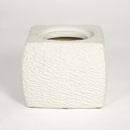 White polyresin textured square vase with carved surface isolated on clean white background for modern decor styling.