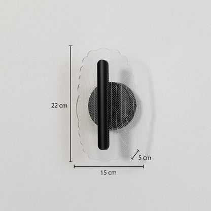 Black metal wall light with clear acrylic decorative shade shown with 22 cm height and 15 cm width for accurate sizing.